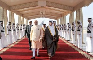 Doha: Prime Minister, Narendra Modi being received on his arrival, at Hamad International Airport, in Doha, Qatar on Saturday. PTI Photo(PTI6_4_2016_000238a)